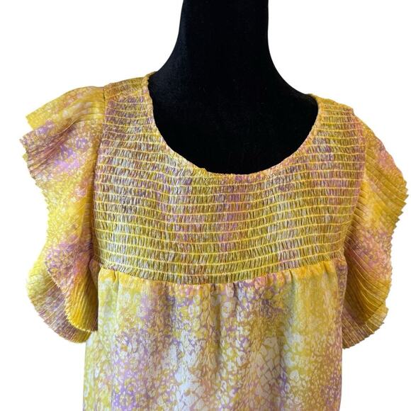 BB Dakota by Steve Madden Smocked Ruffle Sleeve Blouse Yellow Pink Print Top M - Picture 4 of 6